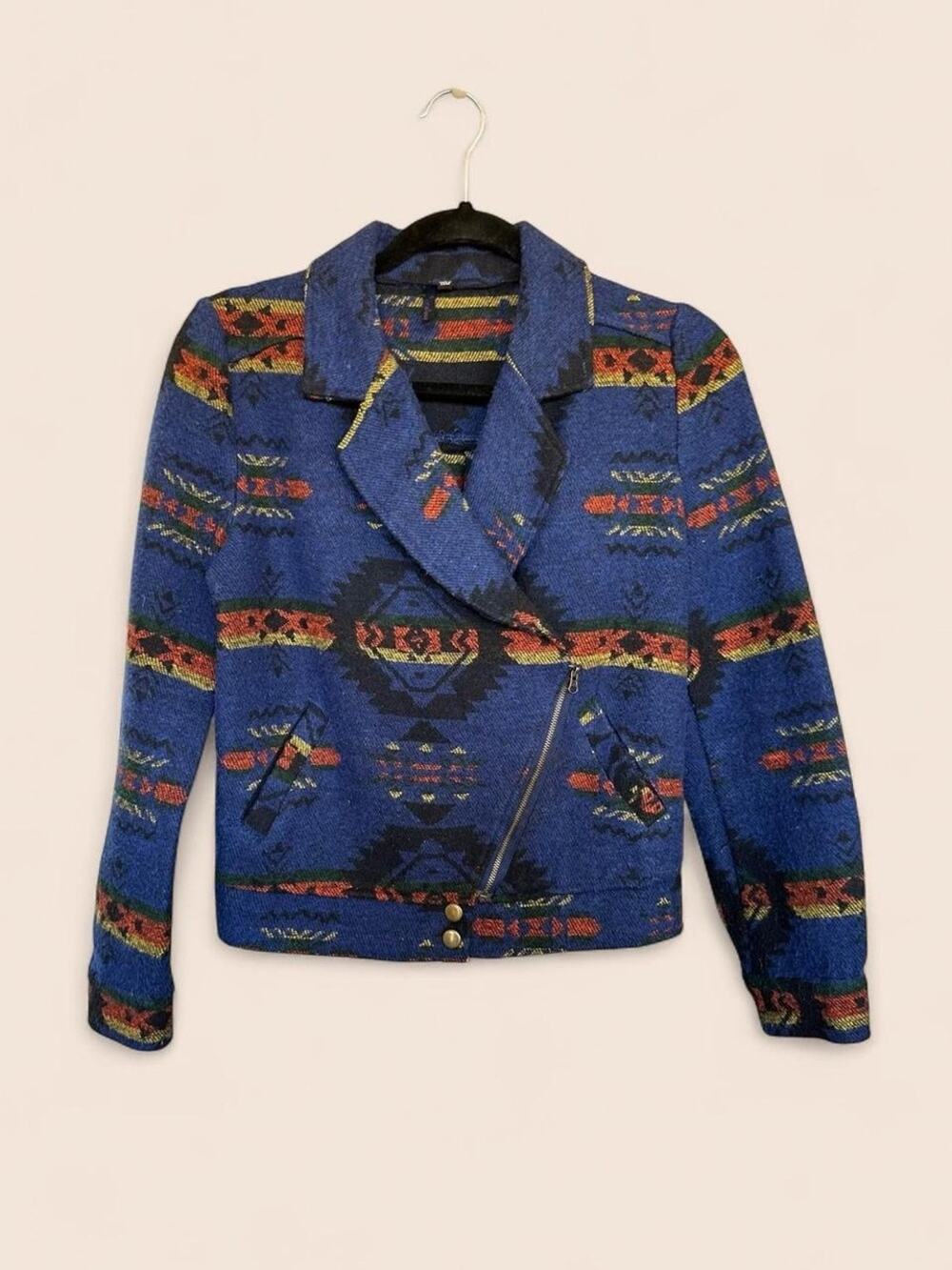 Aztec Pendleton southwest woven style moto jacket in a bold cobalt blue S